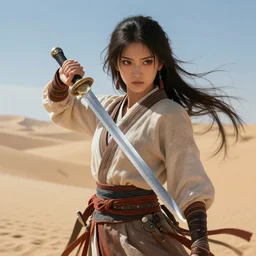 anime portrait of a nomadic swordwoman, art by WLOP, desert background, fantasy, digital painting, key visual, hyperrealistic, extreme detail, caustics, trending on Artstation, 8K, octane renderer