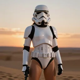 a full figure portrait of a beautiful female stormtrooper, swimsuit issue style, hyperrealistic, hdr, 8 k, volumetric lighting, tatooine sunset, bokeh, hyperrealistic