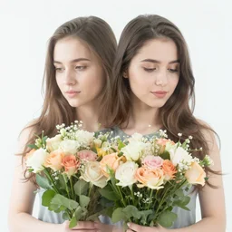 Double exposure portrait of young woman with bouquet of flowers