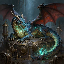 hyper realistic old dying dragon lying down on a steam punk apparatus, digital painting bioluminance alena aenami artworks in 4 k design by lois van baarle by sung choi by john kirby artgerm style pascal blanche and magali villeneuve
