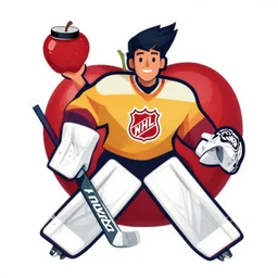teacher holding apple like puck in goalie pose vector logo, professional NHL sports style, flat colours, bright colours, Adobe EPS, SVG, professional, sharp edges