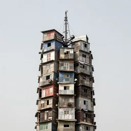 a tower made up of makeshift squatter shacks, mamiya, 8 5 mm, f 1. 7, fully frontal view, uniform plain sky, fine details, photographed by julie blackmon
