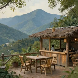 mountain cafe, cinematic, photography, surreal, impressionist
