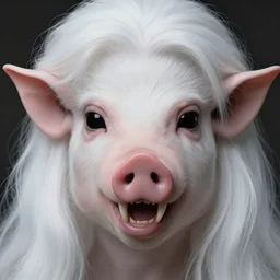 a scary portrait, horror pig head, white long hair, professionally retouched, soft lighting, realistic, smooth face, black alien eyes, pointed elf ears, pointed big teeth, wide angle, sharp focus on the eyes, 8 k high definition, insanely detailed, intricate, elegant, beautiful, art by artgerm and wlop