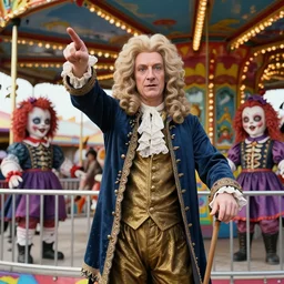 a colorful portrait photograph of isaac newton playing in a amusement park, with diabolical cursed creepy dolls, poppy playtime style, with crazy laughs and crazy eyes, taken by martin parr, saturated colour photo kodachrome