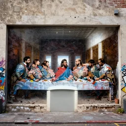 full color banksy graffiti american gothic last supper, detailed, realistic, glitch art effect