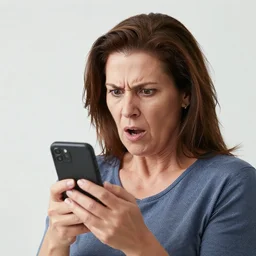 astonished middle aged lady looking at smartphone angrily, wild hair, greek ethnicity, slick hair, angry eyes,
