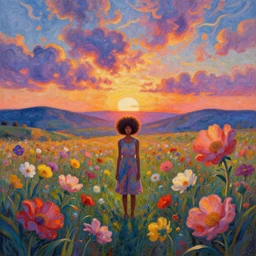 large flowers afro, full body, girl standing in the middle of a field with flowers, surreal photography, hills, sunrise dramatic light, impressionist painting, colorful clouds, digital painting, pointillism, artstation, simon stalenhag
