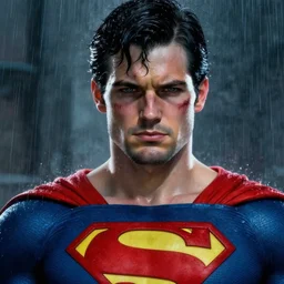 a 4 0 year old superman with beard, scarred, wet, raining, close up, rim lighting, portrait, sinister atmospheric lighting. highly detailed painting by greg rutkowski, anime style