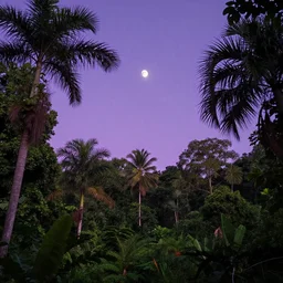 tropical jungle, 2 moons in the sky above, purple tinged sky