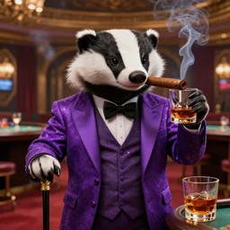 anthropomorphic badger smoking cigar and drinking whiskey in luxury high class casino, wearing flashy purple suit and holding a cane, hyperrealistic photo, octane render