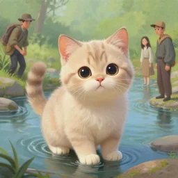 a painting of a cute light beige brown kitten at a river. fur pattern. character design by cory loftis, fenghua zhong, ryohei hase, ismail inceoglu and ruan jia. volumetric light, detailed, rendered in octane