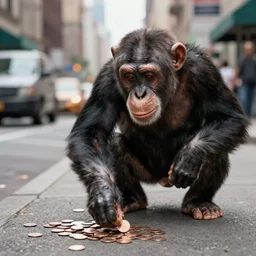 a chimpanzee picking up pennies on a street in manhattan, depth of field, breathtaking, detailed and intricate environment, 8 k resolution, hyperrealistic