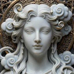detailed realistic sharp focus face portrait octane render, artwork by james jean, chiara bautista, smooth polished matte porcelain, beautiful goddess of xanax, jean delville, art nouveau, james jean, spiraling clouds, ornate metal gothic icon heavy patina, joy, delicate, enchanting, otherworldly, whimsical, ethereal, mythology, magical