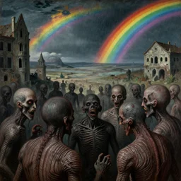 closeup portrait of ribbed people in a moshpit in hell by beksinski, in a desolate wasteland on exoplanet, sunny weather rainbows, haunted creepy nightmare, baroque painting, dream - like heavy eerie atmosphere, surreal abandoned buildings