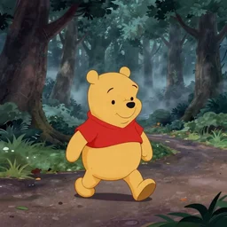a pooh walking on the road in the deep dark forest, mist, 1 9 7 0 s cartoon movie, winnie the pooh