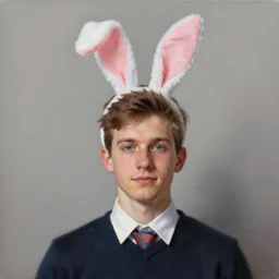 guy wearing bunny ears realistic painting