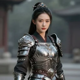 full body portrait of a riveting and striking warrior woman!!!, armored, adorable, elegant and pretty face, slick hair, realistic shaded perfect face, outstanding details, realistic shaded lighting, dynamic background, artgerm, tom bagshaw, 8 k ultra - realistic, highly detailed, kan liu