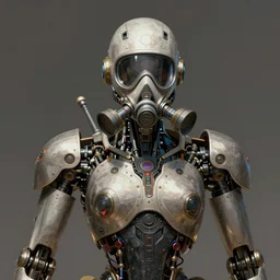 low angle shot of a cyberpunk robot character wearing a gazmask, intricate, elegant, highly detailed, centered, digital painting, artstation, concept art, smooth, sharp focus, illustration, artgerm, Tomasz Alen Kopera, Peter Mohrbacher, donato giancola, Joseph Christian Leyendecker, WLOP, Boris Vallejo