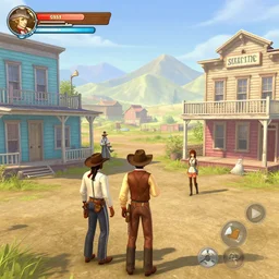 screenshot of gameplay dating simulator game set in 1 8 6 1, interior of old west saloon, featuring african american and japanese cowboys and cowgirls in ghost town with buildings painted bright pastel colors, morning light with mountains in the background