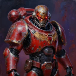 portrait of apocalyptic demonic spacemarine, cool pose, dark vibrant colors, futuristic cyberpunk fashion, oil painting by michael whelan art, sharp focus, realistic, detailed eyes, rusty helmet covered with blood, 8 k