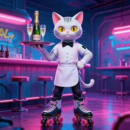 an attractive cyberpunk waiter catman on rollerblades holding a tray with a champagne bottle and two champagne glasses, scene is a futuristic bar, layout like american graffiti poster, nikon photography, 3 5 mm, at night with pink and blue neon light, hyperdetailed, funny, caricature