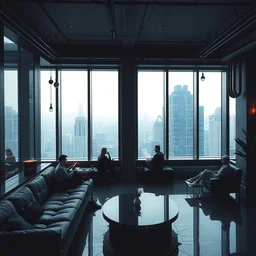 feng zhu cyberpunk loft lounge with tall windows without people with city in background