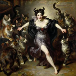 a renaissance oil painting by alma tadema of demonic beautiful vampire woman running in fear from a group of gigantic cats, colourful pastel trending artstation, detailed portrait academic bouguereau caravaggio high shadow contrast medium shot