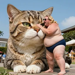 a leaked dramatic photo of a fat man kissing the worlds largest 1 0 meter cat. the fat man has long blonde hair, is wearing a swimsuit, 1 9 9 8 sunglasses and he is screaming
