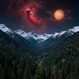A heavily-forested valley surrounded by snow-capped mountains at night, a red nebula and orange gas giant with rings in the sky, no clouds, sci-fi, photorealistic, landscape