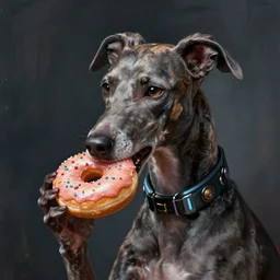 a portrait of an anthropomorphic cyberpunk greyhound dog eating a donut, cyberpunk!, fantasy, elegant, digital painting, artstation, concept art, matte, sharp focus, illustration, art by josan gonzalez