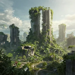 destroyed futuristic city overgrown by nature by cory loftis and michal lisowski, artstation, volumetric light