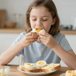A girl who ate 5 boiled eggs being on a diet and butter bread, photorealistic