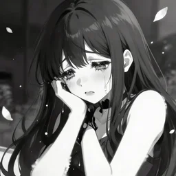 “Extremely distraught black and white anime girl dramatically ugly crying with flowers petals being blown around her by a violent wind, black and white”