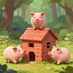 photo of 3 little pigs building a brick house in the forest