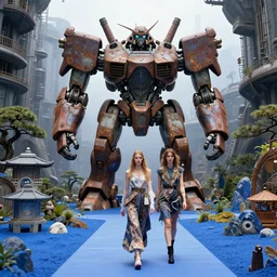 by oka yasutomo and anna dittmann, visually stunning, cinematic, ultra realistic, hyper realism, 1 2 k, epic, octane render, unreal engine, vfx, maya, japanese garden in a space fortress, a huge rusting mech, crazy fashion catwalk, blue desert, edgewall inkeeper
