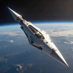 concept art of a large space vessel in the shape of an spear flying through the space, scifi, beautiful ilumination, artstation hq