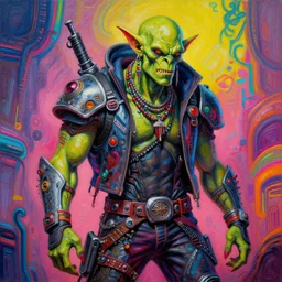 a scifi post apocalyptic orc punk rocker by michael whelan, psychedelic vibrant colors, futuristic punk rock fashion, oil painting by michael whelan art, sharp focus, realistic, highly detailed, 8 k, intricate linework