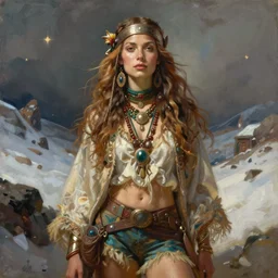 portrait of hippie model girl jodhpurs hyperborea winter traveler treasure hunter greg manchess painting by sargent and leyendecker, fantasy, medium shot, asymmetrical, intricate, elegant, matte painting, illustration, hearthstone, by rhads, by greg rutkowski, by greg tocchini, by james gilleard, by joe fenton
