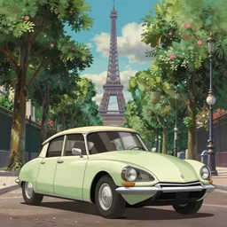 a wholesome animation key shot of!! one!! focused! 1 9 7 4 citroen ds! in a tree lined paris street, view of eiffel tower, medium shot, studio ghibli, ( pixar ) and disney animation, sharp, very detailed, high resolution, rendered in unreal engine 5, anime key art by greg rutkowski, bloom, dramatic lighting