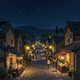 ultra realistic illustration and highly detailed digital render of a intricate busy street inside a ancient 1 5 th century stone village, by greg rutkowski and makoto shinkai, nighttime, dark sky, twinkly stars, amazing sky, migrating birds in the sky, colorful street lamps along road, natural stone road, asian style vendorsf