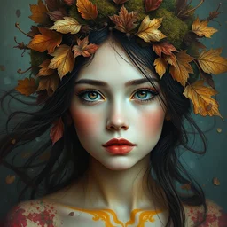 wide shot portrait of beautiful girl by irakli nadar with intricate detailed color smashing fluid oil paint and acrylic, dried moss and dried autumn leaves headdress, melting wax, mycelia, abstract impressionism, ruan jia, fantasy, hyper detailed, concept art, by gustav klimt,