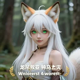 An anime foxgirl with long white hair and green eyes on a florest, award winning photo, unreal engine, highly detailed features