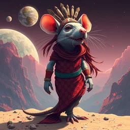 tribal leader half rat, made of red gucci fabric, otherworldly planet, pixiv fanbox, dramatic lighting, maximalist pastel color palette, splatter paint, pixar and disney exploded - view drawing, graphic novel by fiona staples and dustin nguyen, peter elson, alan bean, wangechi mutu, clean cel shaded vector art, trending on artstation