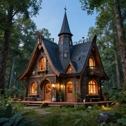hyper realistic homely ornate modern witch cottage far awqyb in the woods gorgeous lighting, blue sky, highly detailed, lush forest architectural render, octane render, ue 5 raytraced