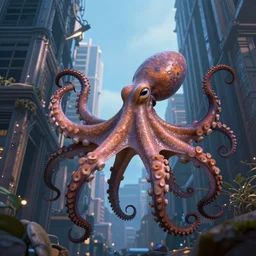 giant pacific octopus in between high buildings, dramatic scene, beautiful atmosphere, by greg rutkowski and maciej rebisz, octane render, vray, arnold