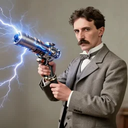 color photograph of Nikola Tesla Nikola Tesla holding a futuristic tesla gun with lightning, futuristic, tesla coil, futuristic weapon, dynamic lightning, 4k, modern photograph, digital art