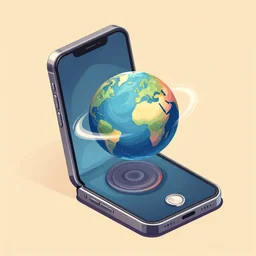 illustration of a mobile phone with a planet inside the screen going out of it, in 4 d, detailed and intricate forty five degree isometric cross, by studio muti