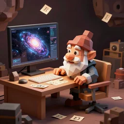 low poly, A dwarf peeking over his desk surprised like Killroy, the desk is covered in scattered letters, deep rock galactic screenshot, low poly, digital art.