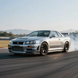 Nissan skyline R34 drifting on a Japanese togue, wide shot, realistic, 8k resolution, hyperdetailed, highly detailed, real life, studio lighting, high quality, photo